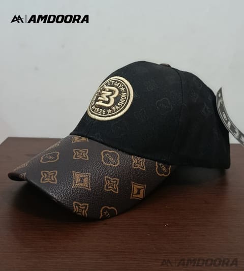 Black & Printed Leather Visor Baseball Cap