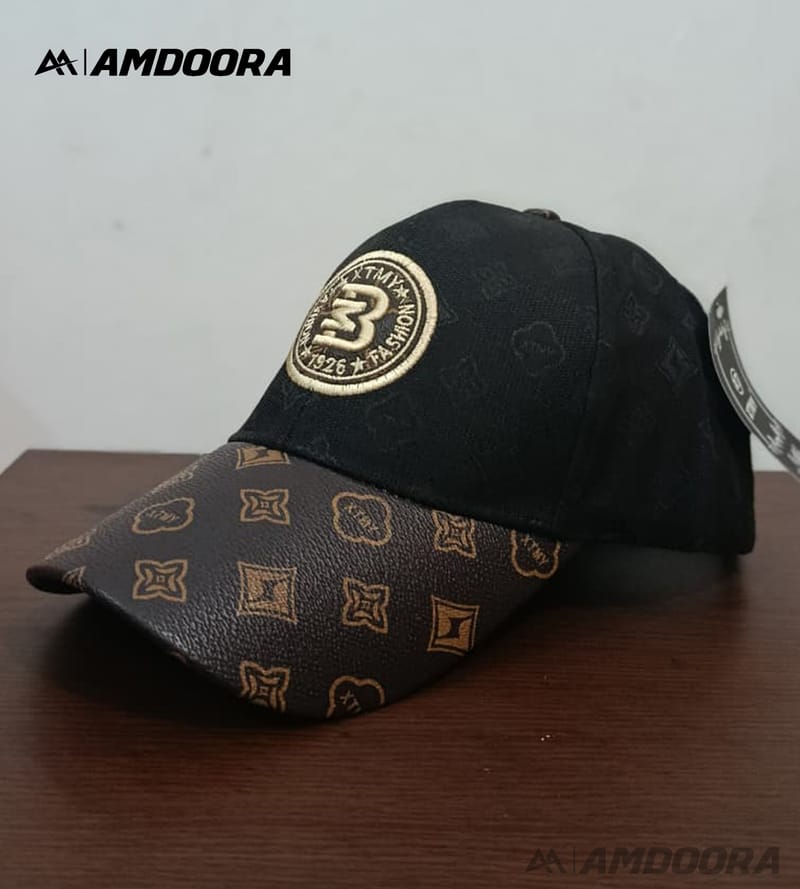 Black & Printed Leather Visor Baseball Cap