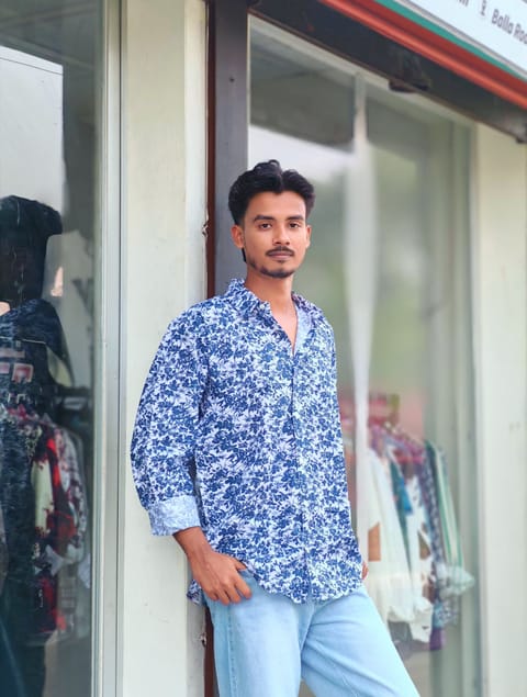 Amdoora Royal Blue Leaf Pattern Shirt