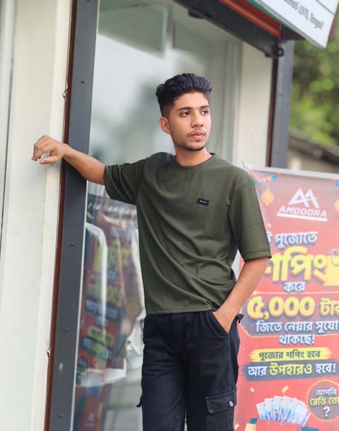 Amdoora Minimalist Textured Olive Green T-Shirt