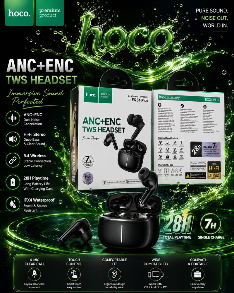 Hoco EQ34 Plus Rima ANC+ENC TWS Earbud (App Supported) | Long 7-Hour Playtime & Bluetooth 5.4