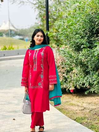 Readymade Cotton Three Piece with Embroidery & Georgette Orna 1
