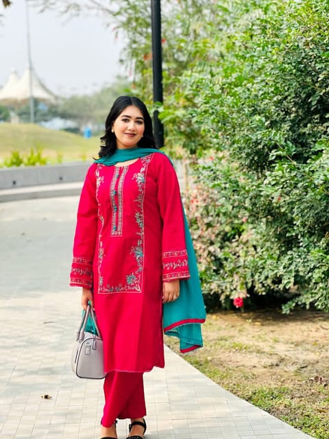 Readymade Cotton Three Piece with Embroidery & Georgette Orna