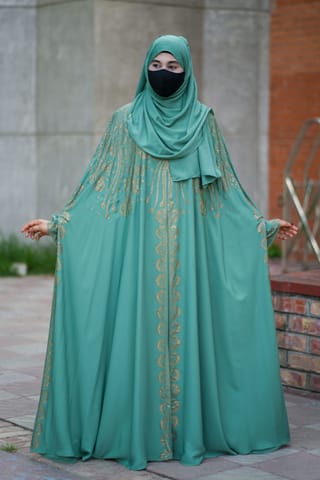 Luxury Persian Dubai Cherry Abaya Set with DMC Stone Work - Inner, Koti & Hijab 4