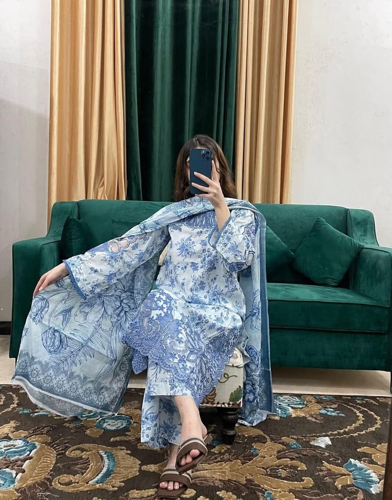 Premium Pure Cotton Embroidery Three Piece Set for Women | Sizes 38-46