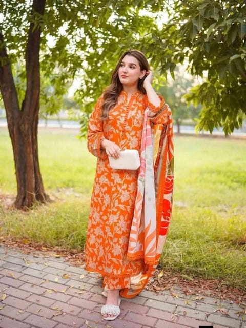 Digital Printed Stitched 3 Piece ​China Microstich Fabric With Tassle Work
