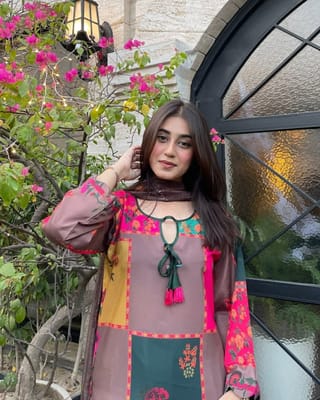 Digital Printed Stitched 3 Piece ​China Microstich Fabric With Tassle Work 3