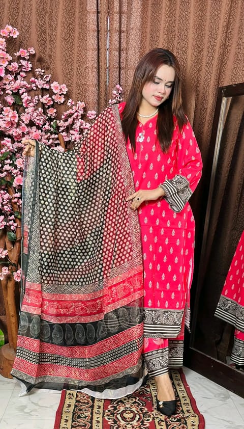 Digital Printed Stitched 3 Piece ​China Microstich Fabric With Tassle Work