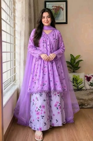 👗𝐃𝐢𝐠𝐢𝐭𝐚𝐥 𝐏𝐫𝐢𝐧𝐭𝐞𝐝 3 𝐏𝐢𝐞𝐜𝐞𝐬👗​𝐅𝐚𝐛𝐫𝐢𝐜 :  China Microstich **With Lase& Tarsel Work ** Smooth (𝐊𝐚𝐦𝐢𝐣 + 𝐏𝐚𝐧𝐭 ) 3