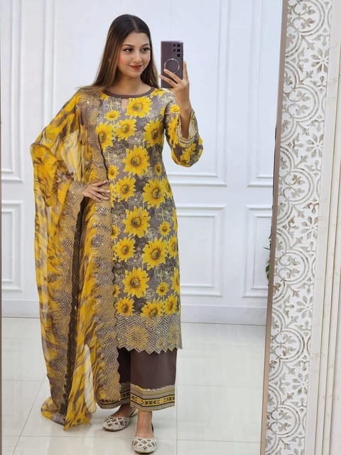 Digital Printed Stitched 3 Piece ​China Microstich Fabric With Tassle Work