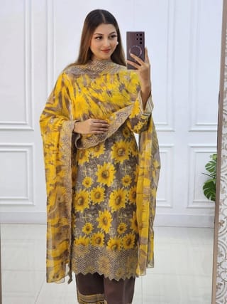 Digital Printed Stitched 3 Piece ​China Microstich Fabric With Tassle Work 3
