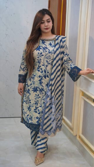 👗𝐃𝐢𝐠𝐢𝐭𝐚𝐥 𝐏𝐫𝐢𝐧𝐭𝐞𝐝 3 𝐏𝐢𝐞𝐜𝐞𝐬👗​𝐅𝐚𝐛𝐫𝐢𝐜 :  China Microstich *With Lase Work* Smooth (𝐊𝐚𝐦𝐢𝐣 + 𝐏𝐚𝐧𝐭 ) 2