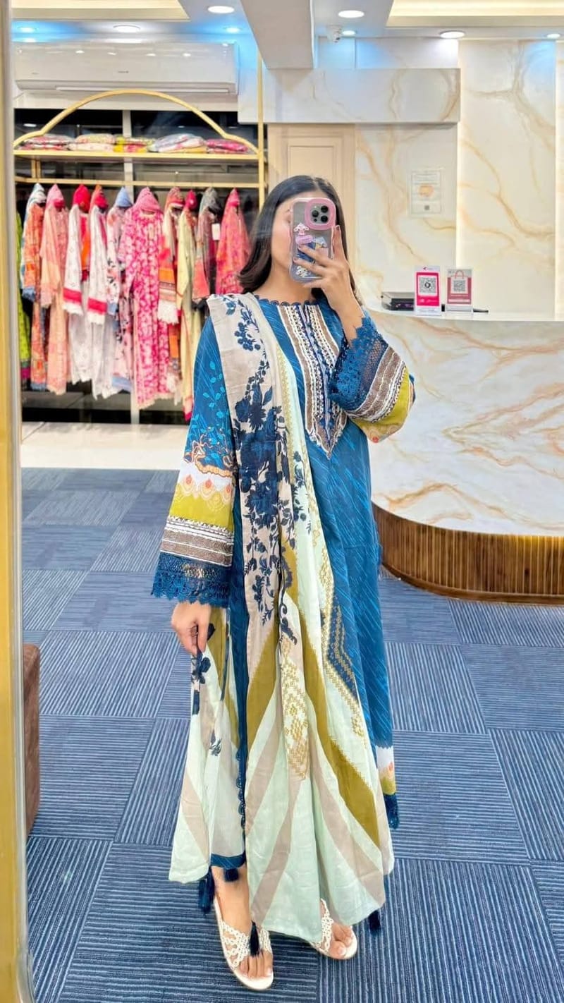 👗𝐃𝐢𝐠𝐢𝐭𝐚𝐥 𝐏𝐫𝐢𝐧𝐭𝐞𝐝 3 𝐏𝐢𝐞𝐜𝐞𝐬👗​𝐅𝐚𝐛𝐫𝐢𝐜 :  China Microstich *With Lase Work* Smooth (𝐊𝐚𝐦𝐢𝐣 + 𝐏𝐚𝐧𝐭 )