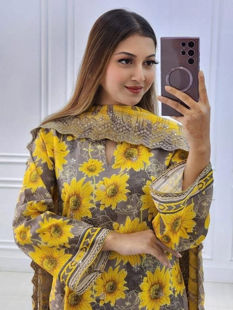 👗𝐃𝐢𝐠𝐢𝐭𝐚𝐥 𝐏𝐫𝐢𝐧𝐭𝐞𝐝 3 𝐏𝐢𝐞𝐜𝐞𝐬👗​𝐅𝐚𝐛𝐫𝐢𝐜 :  China Microstich *With Lase Work* Smooth (𝐊𝐚𝐦𝐢𝐣 + 𝐏𝐚𝐧𝐭 )