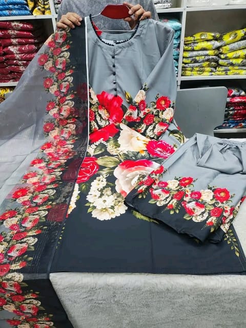🖤𝐃𝐢𝐠𝐢𝐭𝐚𝐥 𝐏𝐫𝐢𝐧𝐭𝐞𝐝 3 𝐏𝐢𝐞𝐜𝐞𝐬🖤𝐅𝐚𝐛𝐫𝐢𝐜 :  China Microstich *With Lase Work* Smooth (𝐊𝐚𝐦𝐢𝐣 + 𝐏𝐚𝐧𝐭 )