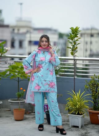 👗𝐃𝐢𝐠𝐢𝐭𝐚𝐥 𝐏𝐫𝐢𝐧𝐭𝐞𝐝 3 𝐏𝐢𝐞𝐜𝐞𝐬👗​𝐅𝐚𝐛𝐫𝐢𝐜 :  China Microstich *With Lase Work* Smooth (𝐊𝐚𝐦𝐢𝐣 + 𝐏𝐚𝐧𝐭 ) 3