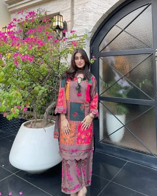 Digital Printed Stitched 3 Piece ​China Microstich Fabric With Tassle Work 1