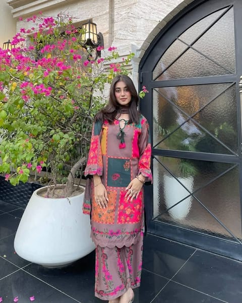 Digital Printed Stitched 3 Piece ​China Microstich Fabric With Tassle Work