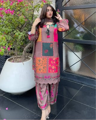 Digital Printed Stitched 3 Piece ​China Microstich Fabric With Tassle Work 2