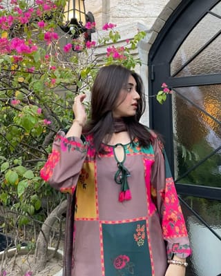 Digital Printed Stitched 3 Piece ​China Microstich Fabric With Tassle Work 3