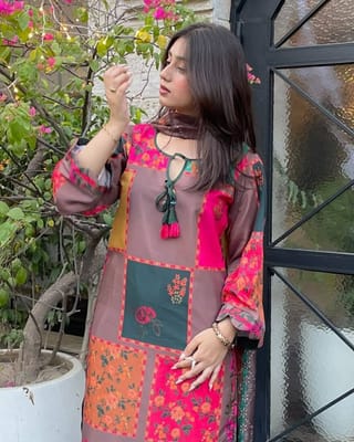 Digital Printed Stitched 3 Piece ​China Microstich Fabric With Tassle Work 4