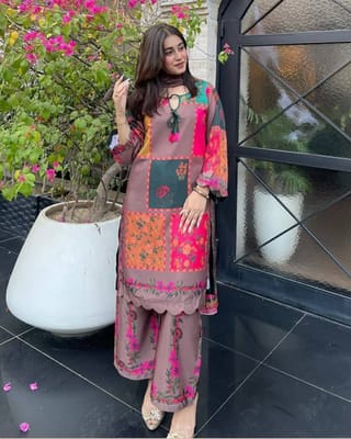 Digital Printed Stitched 3 Piece ​China Microstich Fabric With Tassle Work 5