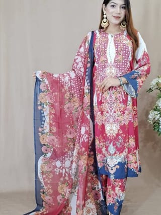 👗𝐃𝐢𝐠𝐢𝐭𝐚𝐥 𝐏𝐫𝐢𝐧𝐭𝐞𝐝 3 𝐏𝐢𝐞𝐜𝐞𝐬👗​𝐅𝐚𝐛𝐫𝐢𝐜 :  China Microstich *With Lase Work* Smooth (𝐊𝐚𝐦𝐢𝐣 + 𝐏𝐚𝐧𝐭 ) 4