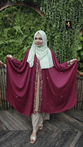 Premium Embroidery Short Cape Abaya (Wine) 1