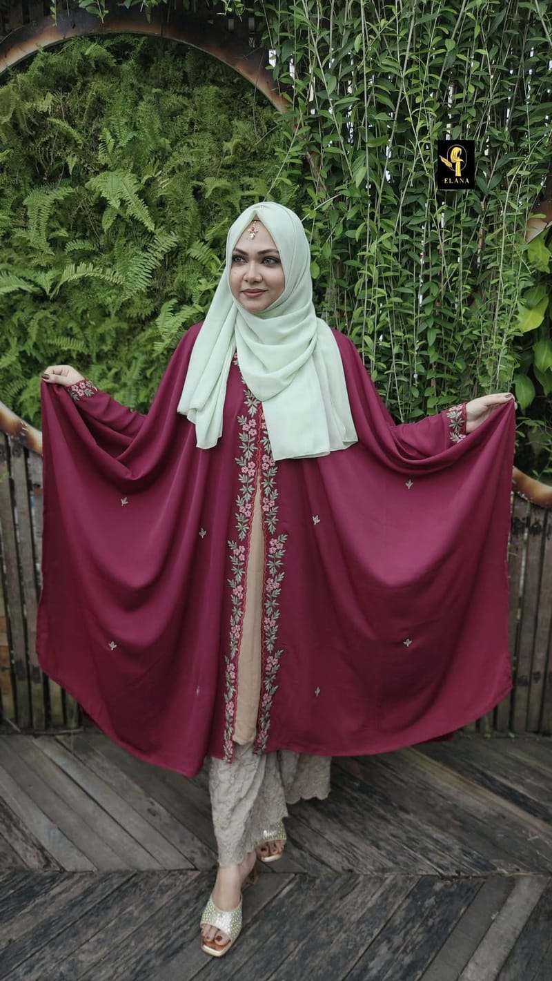 Premium Embroidery Short Cape Abaya (Wine)