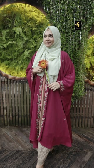 Premium Embroidery Short Cape Abaya (Wine) 5