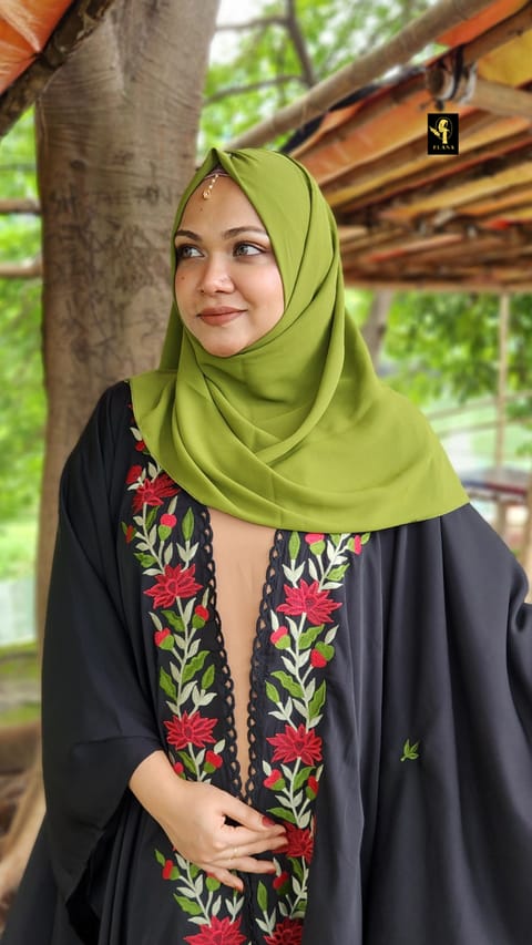 Premium Embroidery Short Cape Abaya Red Lotus (Black)