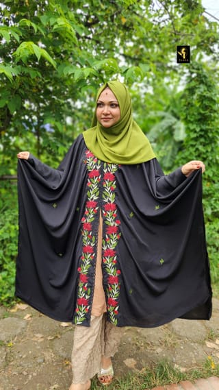 Premium Embroidery Short Cape Abaya Red Lotus (Black) 2
