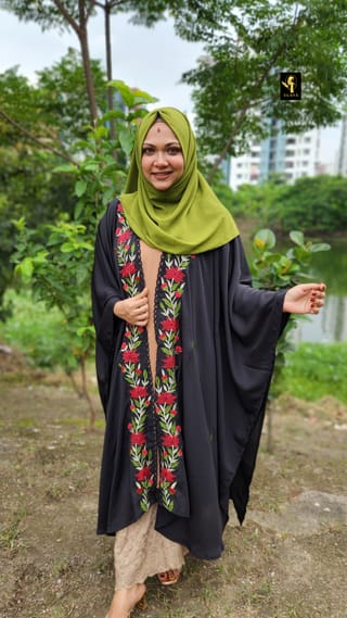 Premium Embroidery Short Cape Abaya Red Lotus (Black) 4