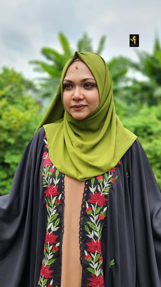 Premium Embroidery Short Cape Abaya Red Lotus (Black) 5