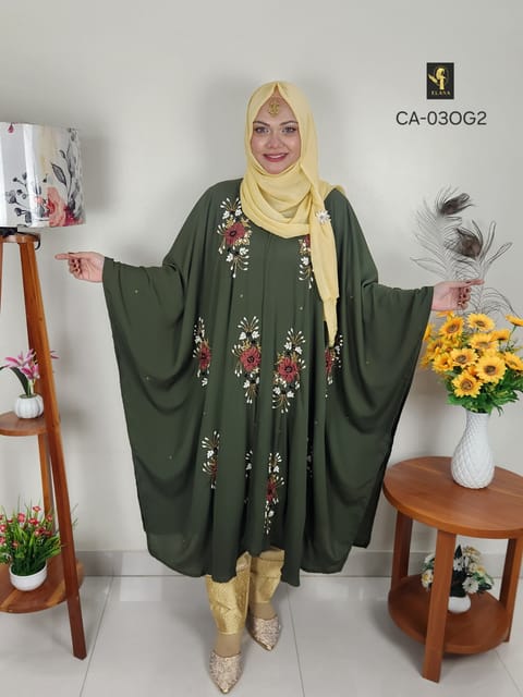 Crush Work Short Cape Abaya (Dark Olive Green)