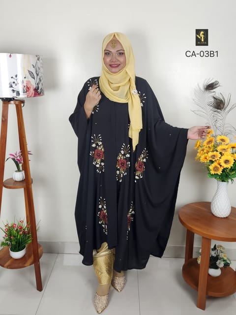 Crush Work Short Cape Abaya (Black)