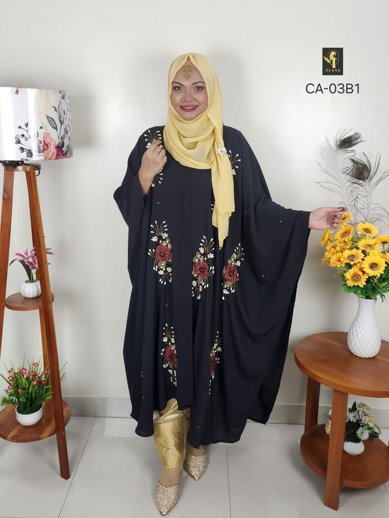 Crush Work Short Cape Abaya (Black)