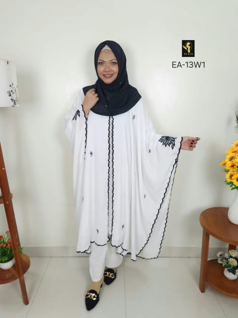 Embroidery Short Cape Abaya (White)