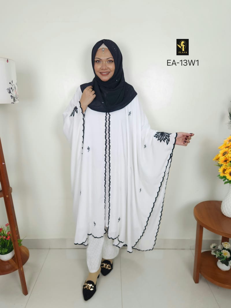 Embroidery Short Cape Abaya (White)