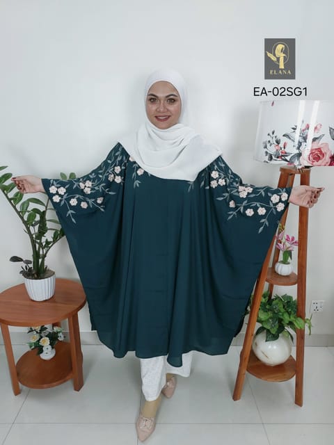Embroidery Short Cape Abaya (Deep Sea Green)