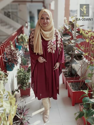 Embroidery Short Cape Abaya (Wine) 1