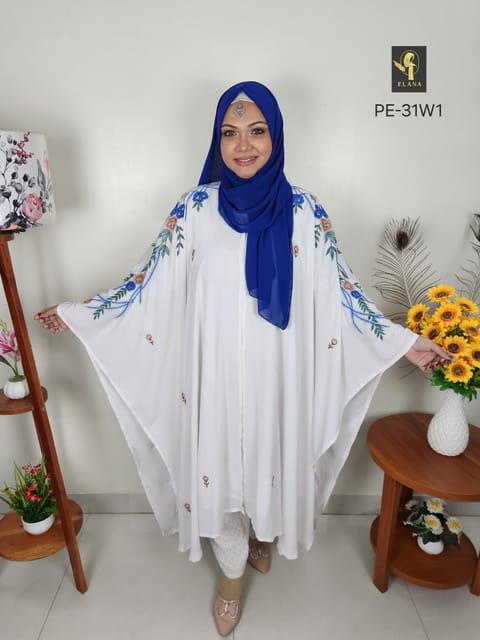 Premium Embroidery Short Cape Abaya (White)