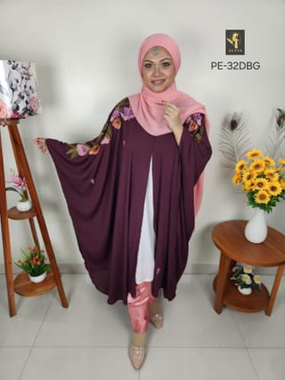 Premium Embroidery Short Cape Abaya (Dark Burgundy) 1
