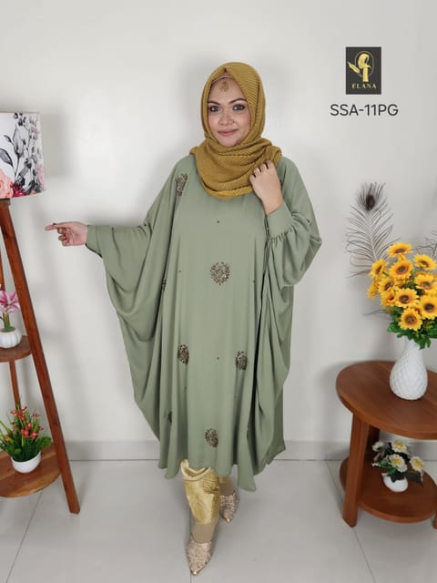 Hand Karchupi Short Shirt Abaya (Pastel Green)