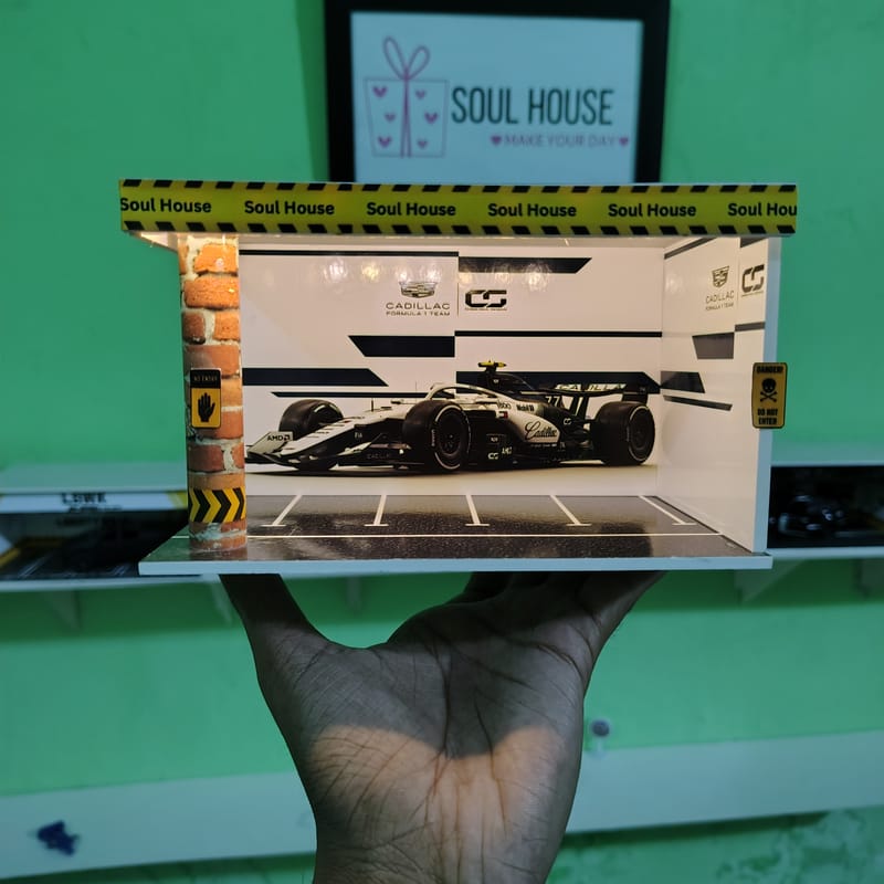 Cadillac Formula Team LED Diorama Garage for 1:64 Diecast Cars | Handmade Display Scene