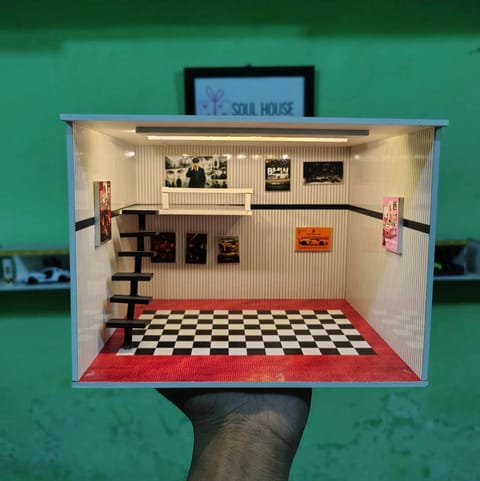 LED Diorama Mini Garage Room with LED Light | 1 piece random plastic car free | Car Parking Diorama Decoration