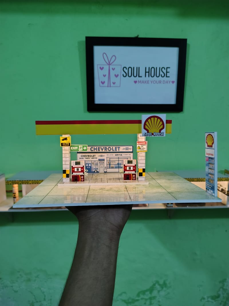 LED Diorama Miniature Shell Fuel Station with Battery Light System | Handmade Gift