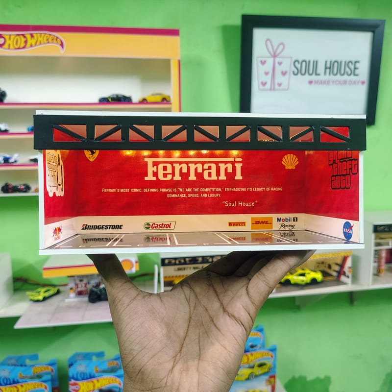 Premium Ferrari LED Diorama Garage – 1:64 Scale