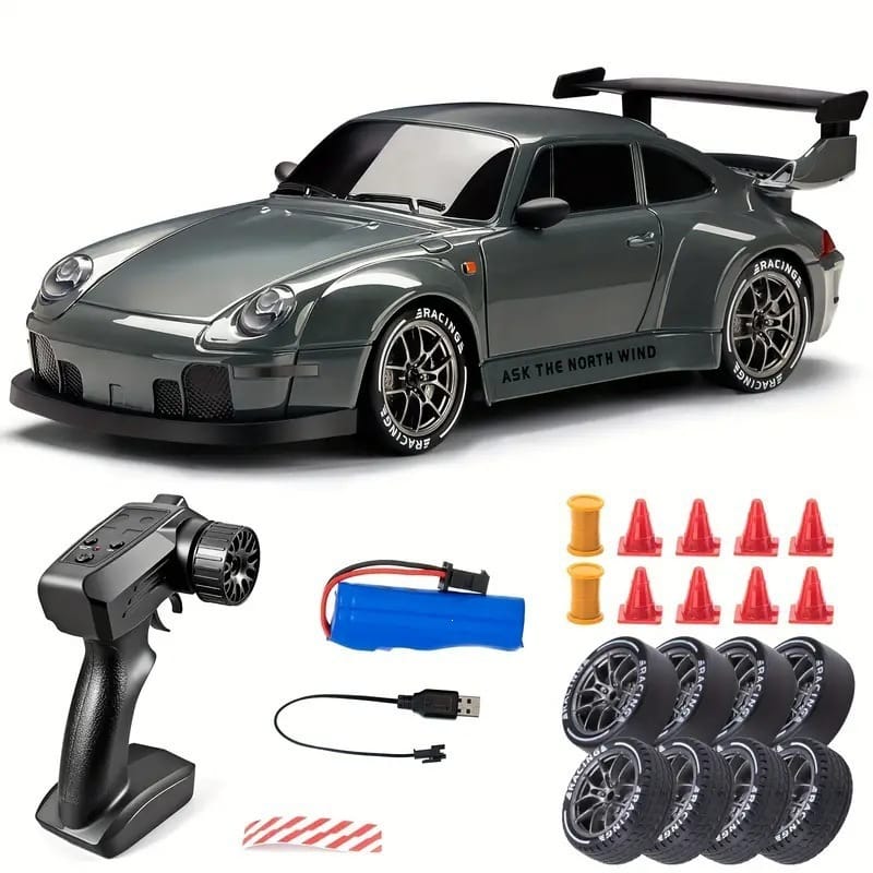 RC Drift Sports Car with Remote Control, Rechargeable Battery & Extra Wheels