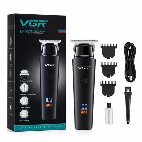 VGR V-937 Professional Cordless Hair & Beard Trimmer for Men – 500 Min Runtime, 2000mAh Battery, Smart LCD Display, Type-C & Zero Gap Stainless Steel Blade (Black)